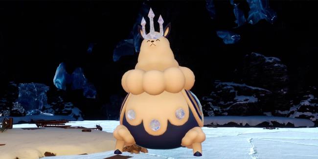A picture of Palworld showing Alpha Boss Ice Kingpaca happily eating